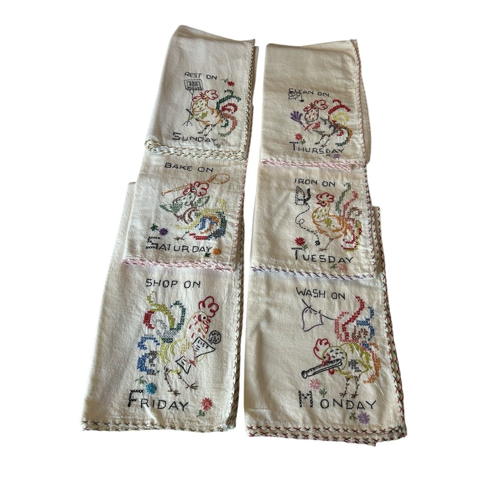 Vintage Day of The Week Homemade Cross Stitch Embroidered Kitchen Tea Towels